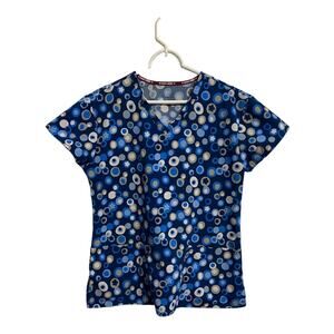 Scrub Top Divine Stretch Size Small Blue Print Front Pockets V Neck